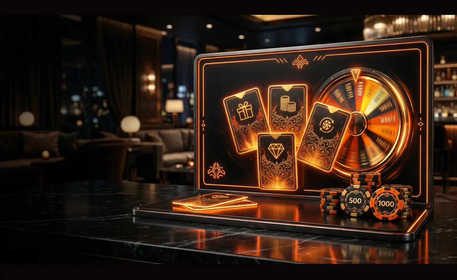 Mr Goodwin Casino games artwork with glowing slot reels, roulette table and chips