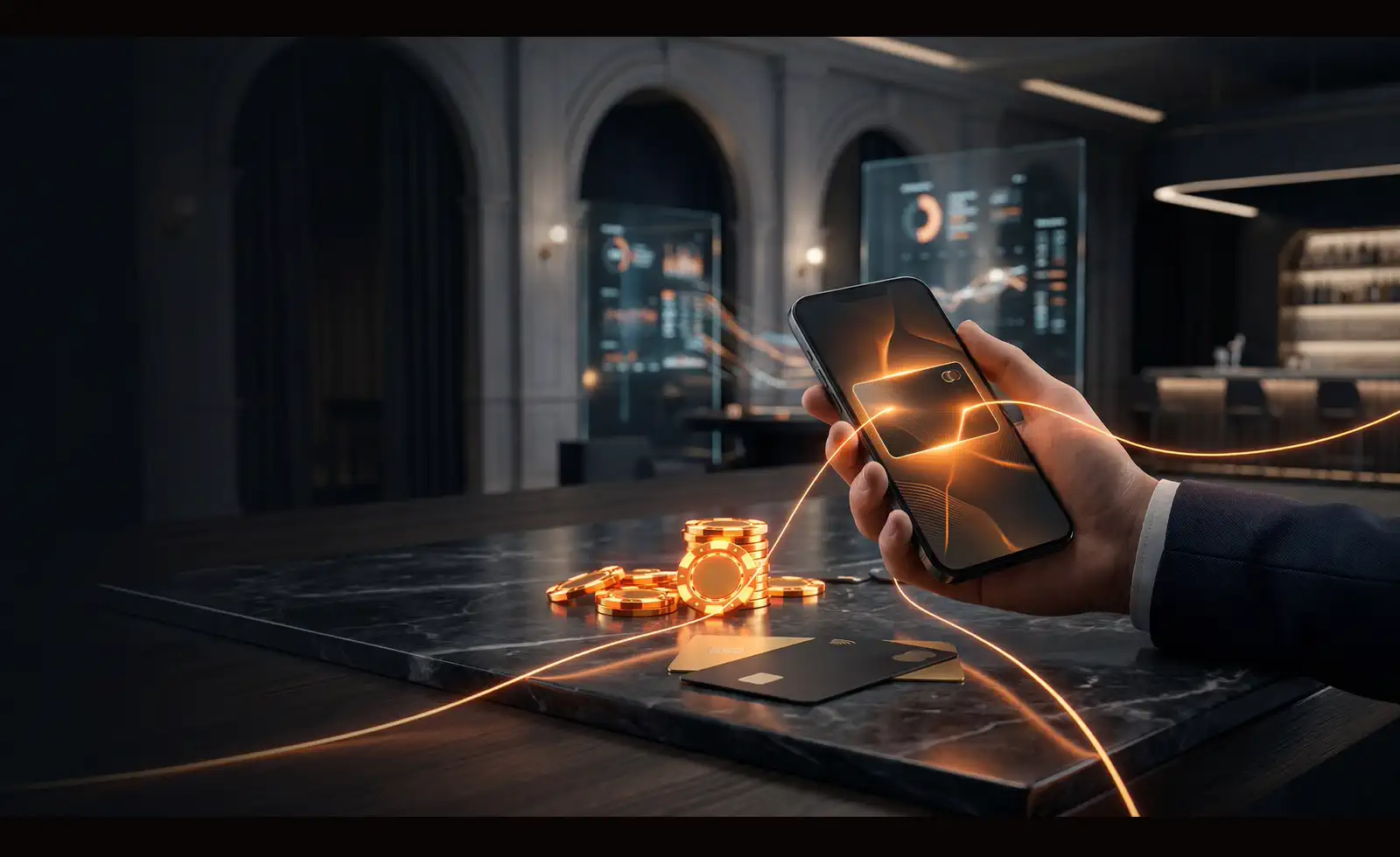 Mr Goodwin Casino payments image with mobile wallet, cards and glowing cashier effects