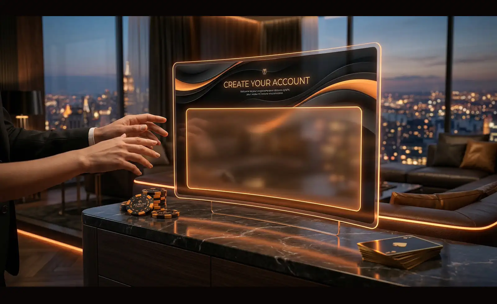 Mr Goodwin Casino terms page visual with premium roulette host scene and legal atmosphere