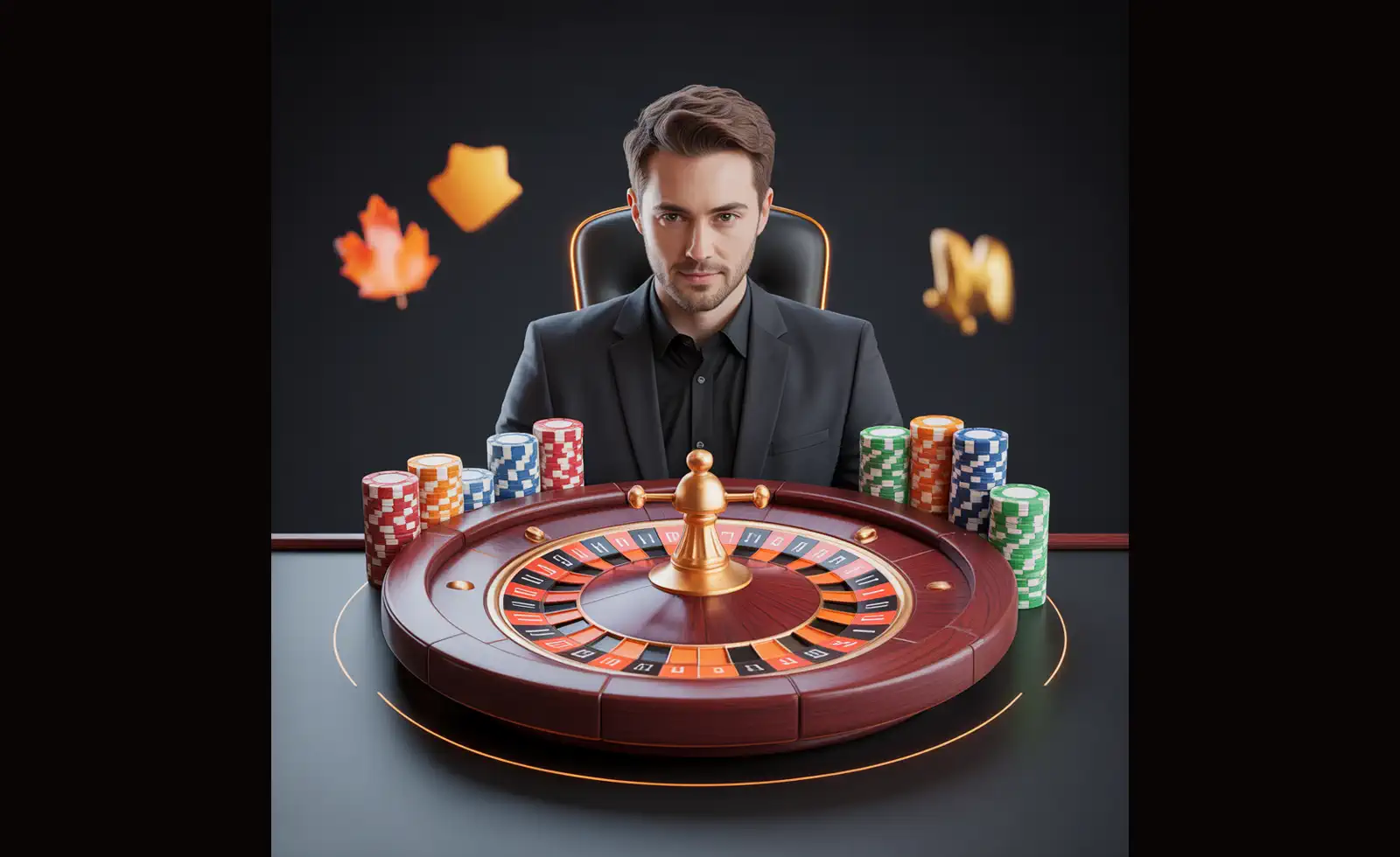 Mr Goodwin Casino homepage hero scene with premium roulette wheel and chips in orange-black styling