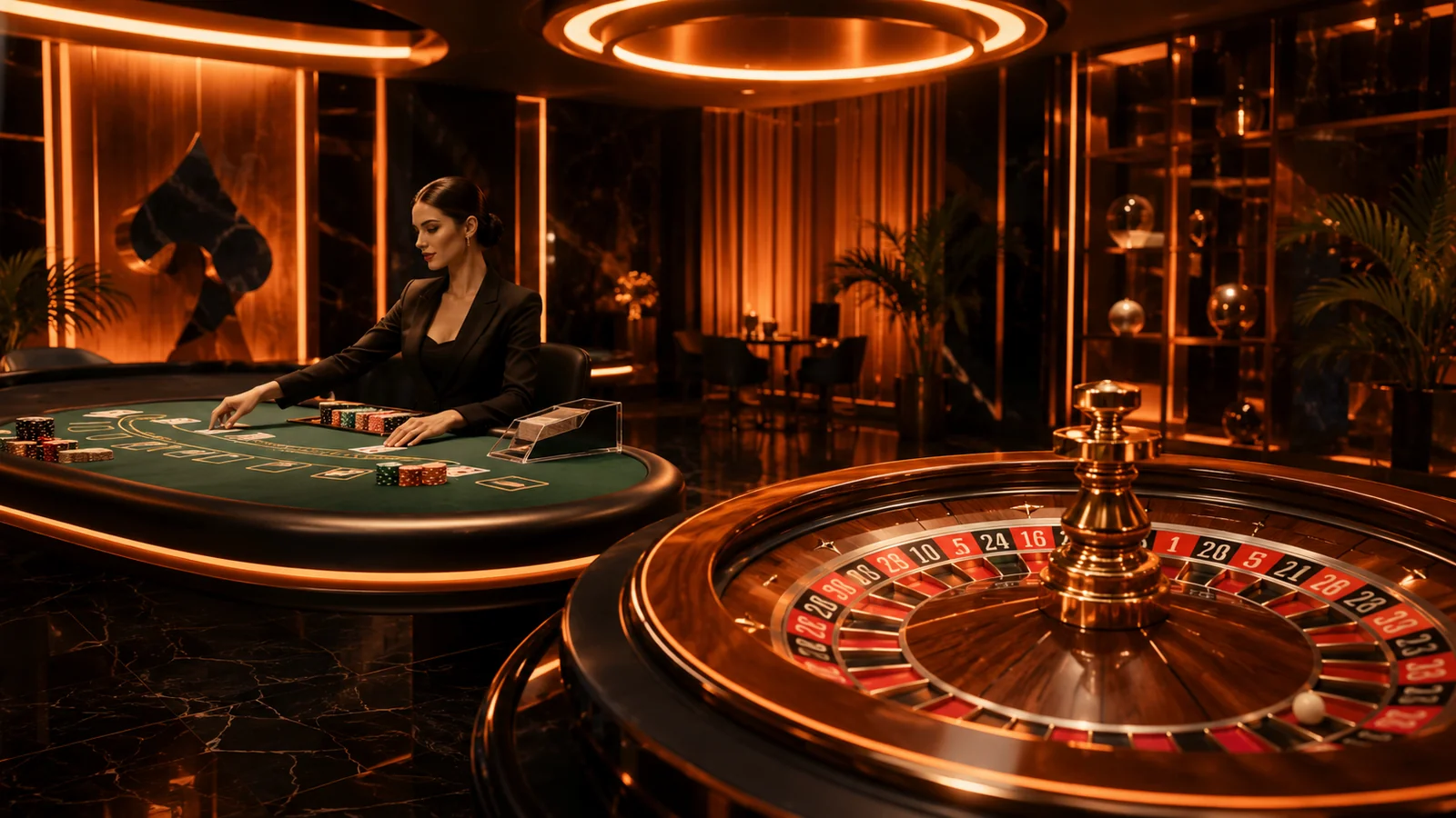 Mr Goodwin Casino live dealer studio with roulette wheel, blackjack table and warm orange overhead lighting