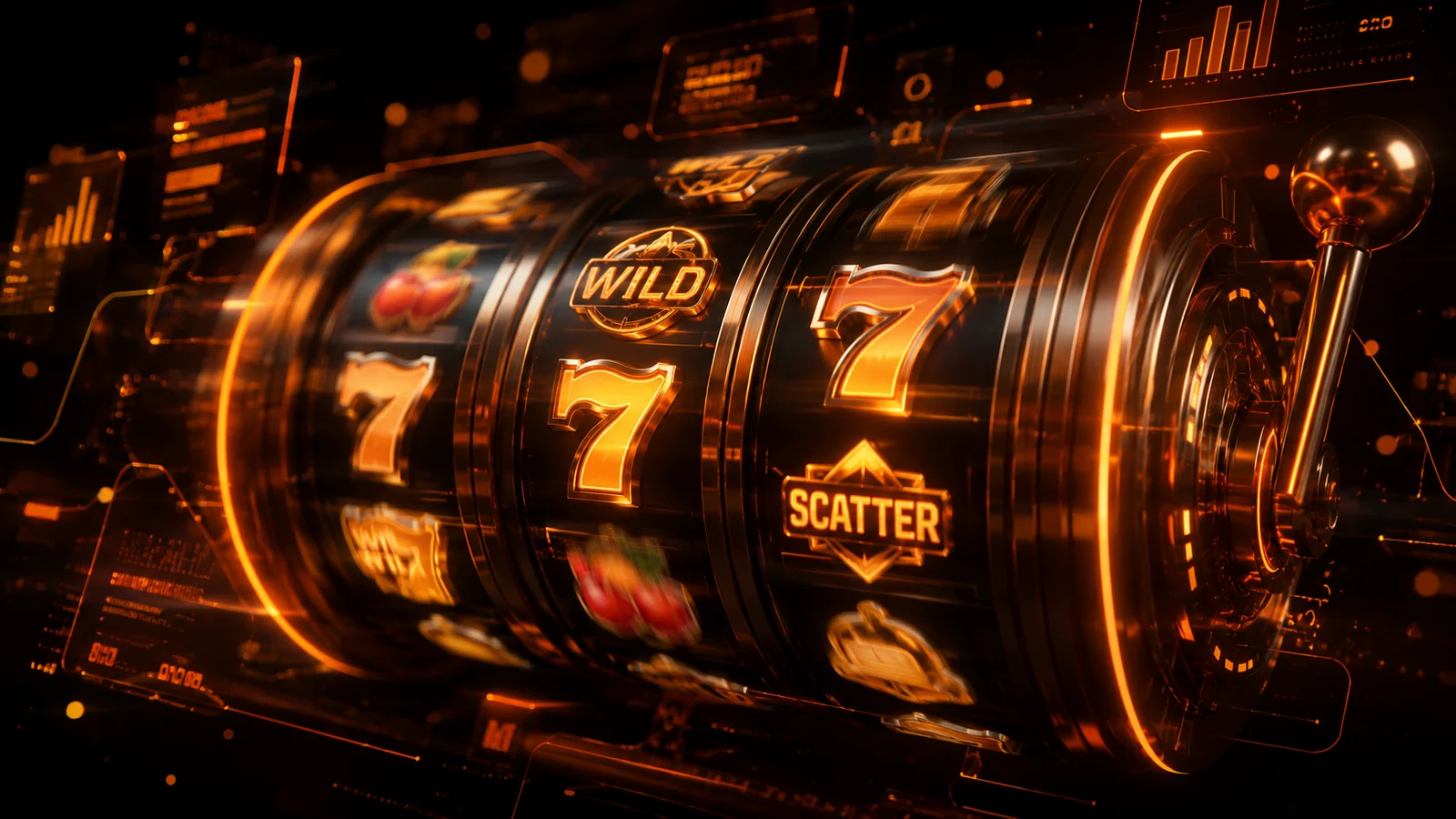 Mr Goodwin Casino slot review scene with glowing reels, feature symbols and orange-lit UI overlay