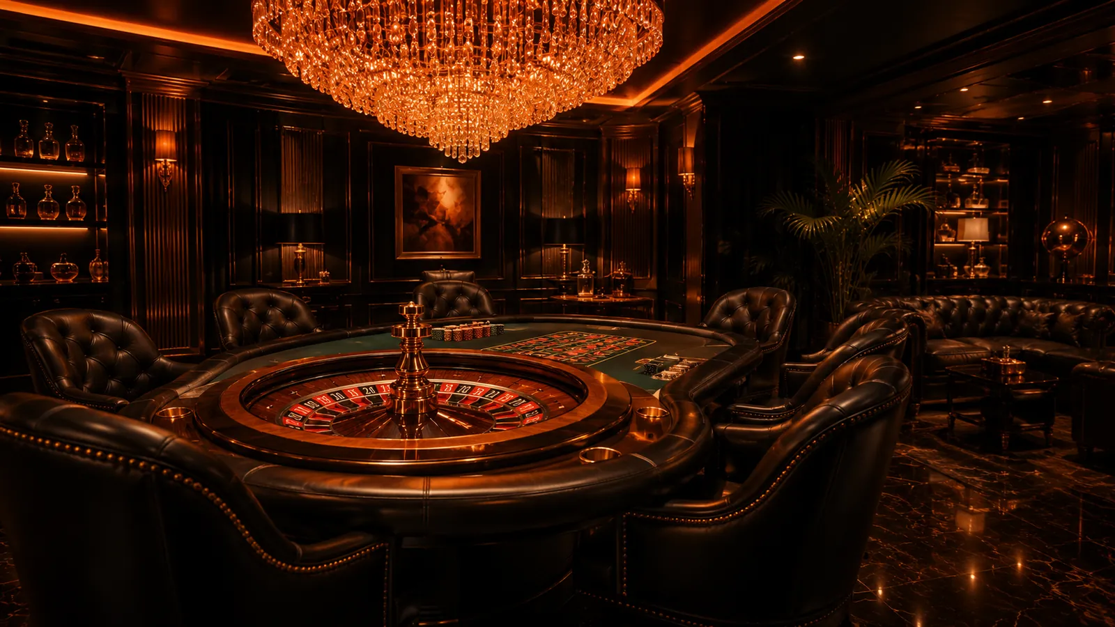 Mr Goodwin Casino VIP lounge with private roulette table, dark leather chairs and warm orange chandelier